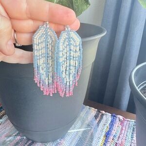Beaded Fringe Earrings in Blue and Pink